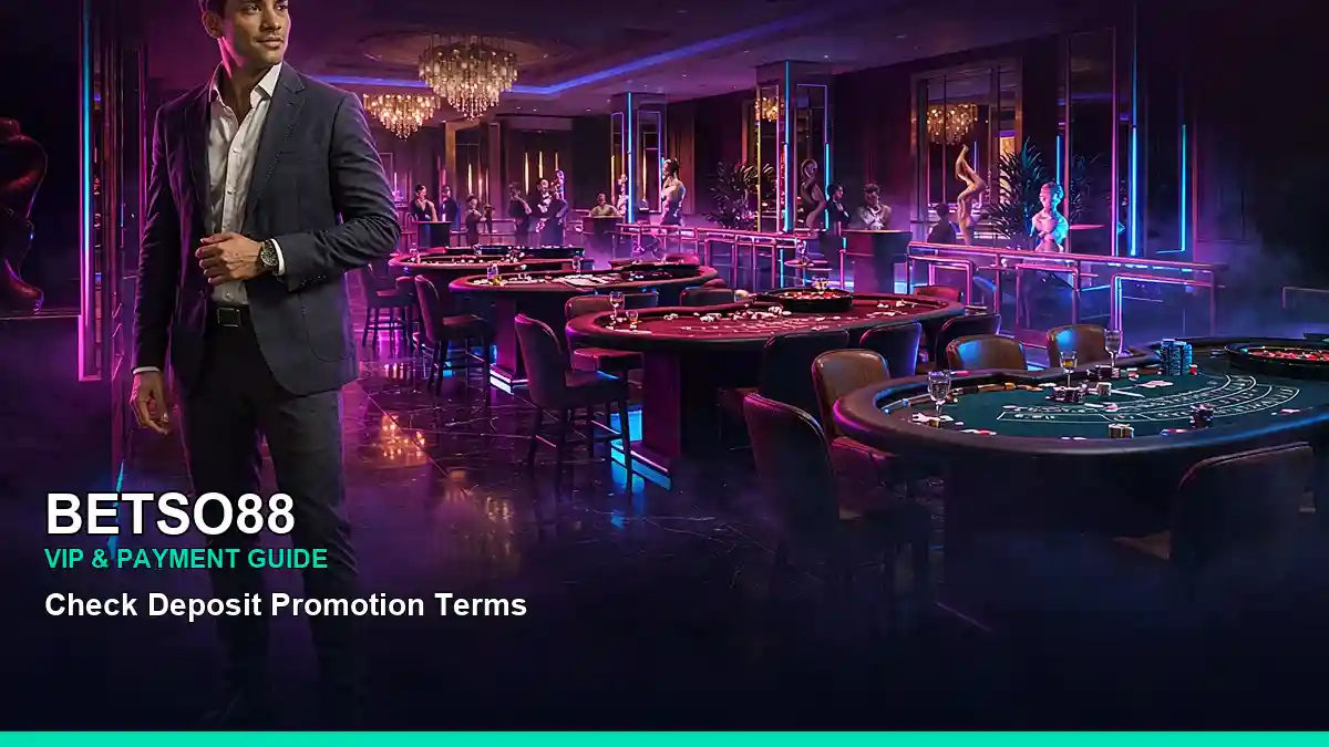 BETSO88 live casino table games featuring an adult Filipina casino host in a wide gaming-floor composition — view 2